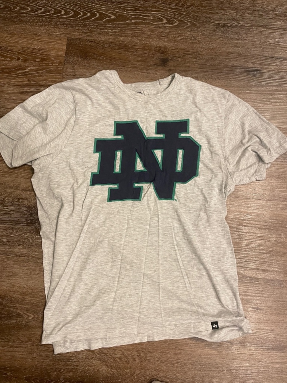 47 Brand Light Gray T-Shirt with Navy and Green Notre Dame Logo